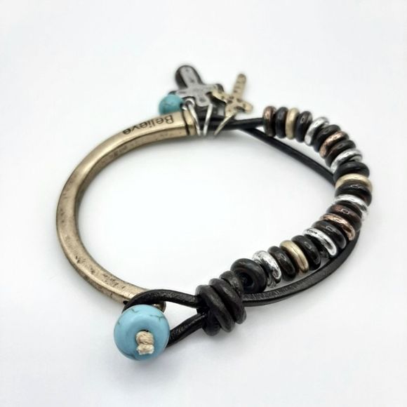 Cross Believe Cord Beaded Mixed Metas Bracelet New - Picture 2 of 3